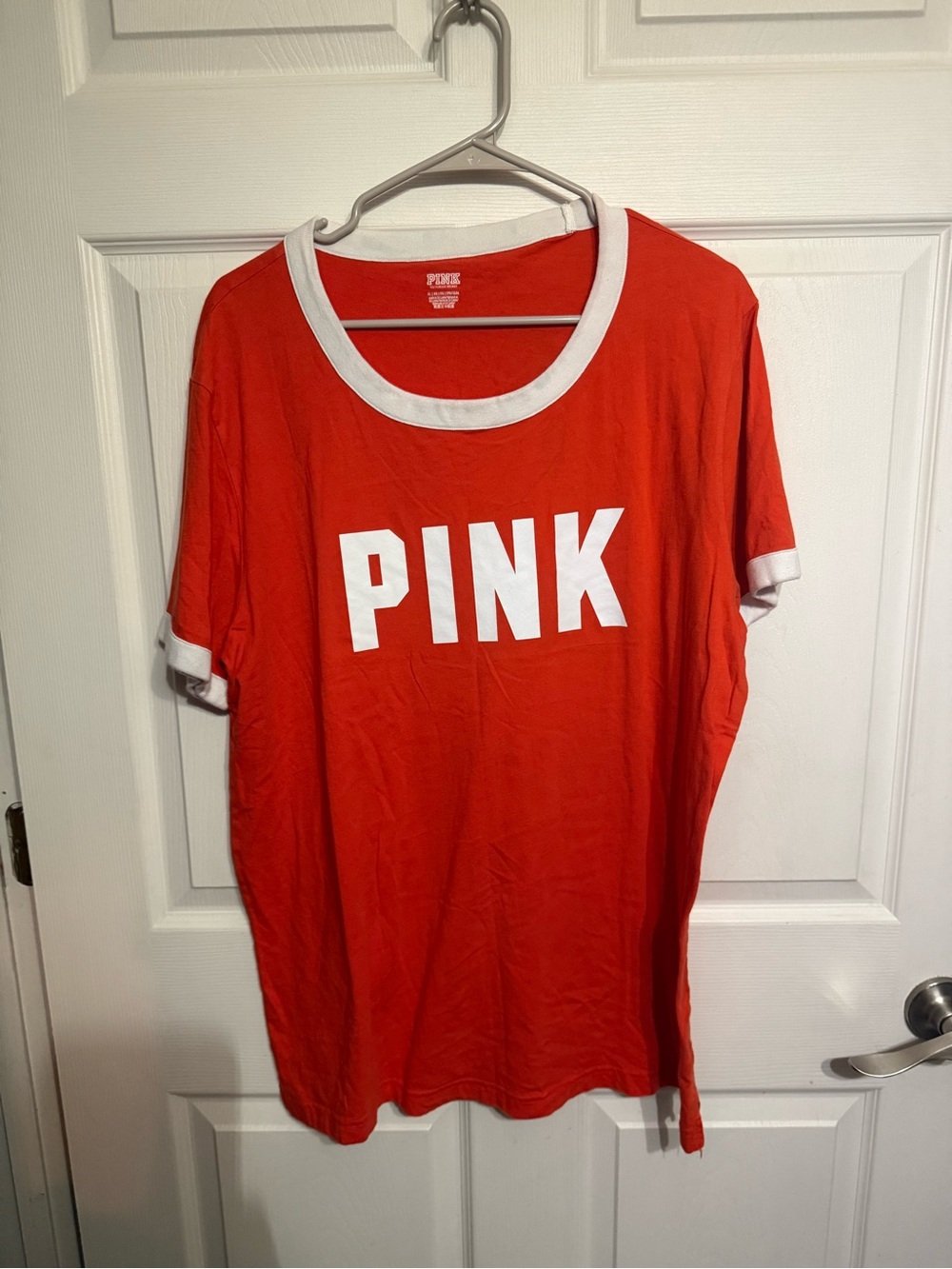 PINK Victoria's Secret Redish Orange Ringer Tee with White Trim